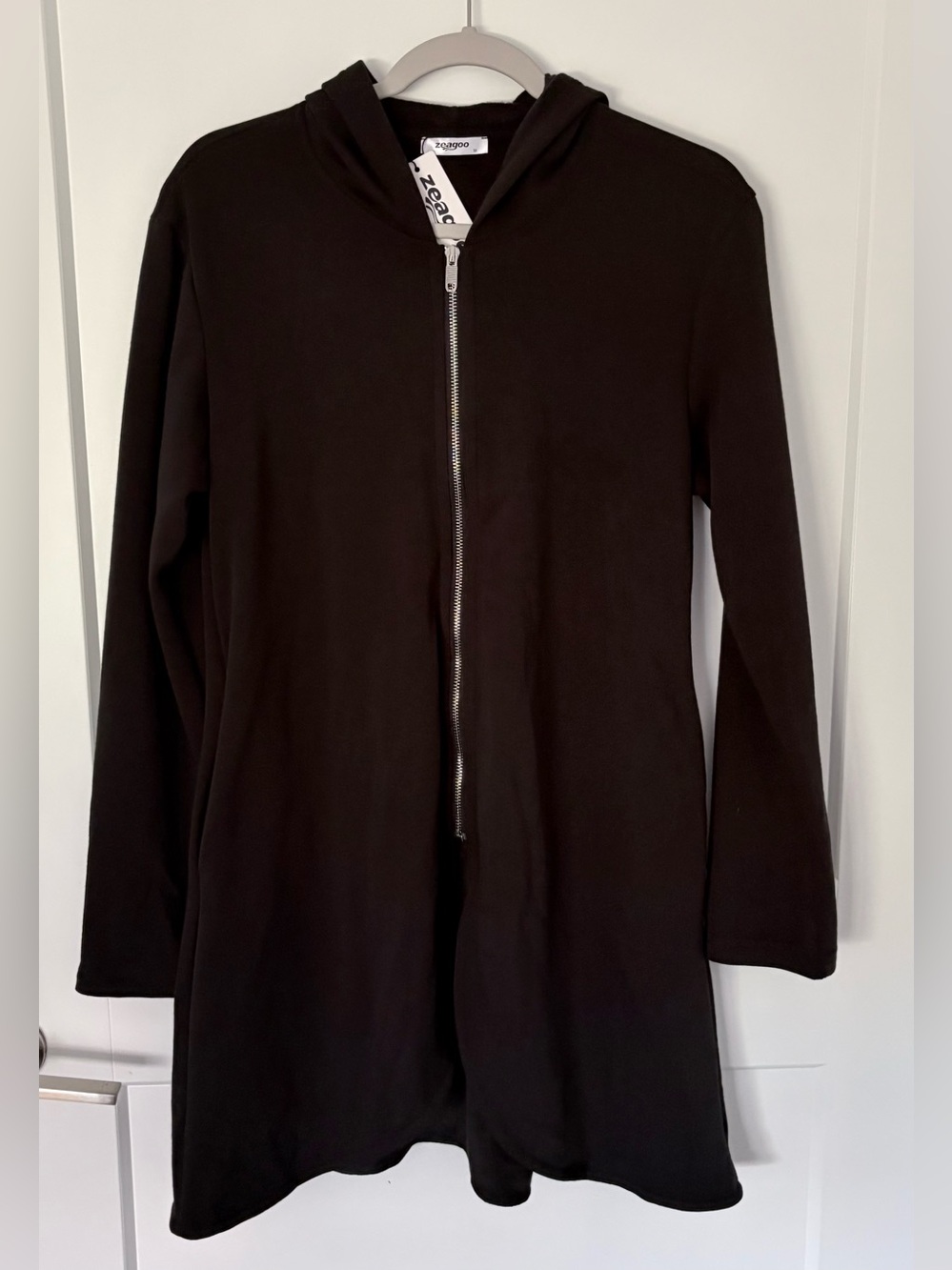 Zeagoo Black Long Hooded Zip Utility Jacket - Medium